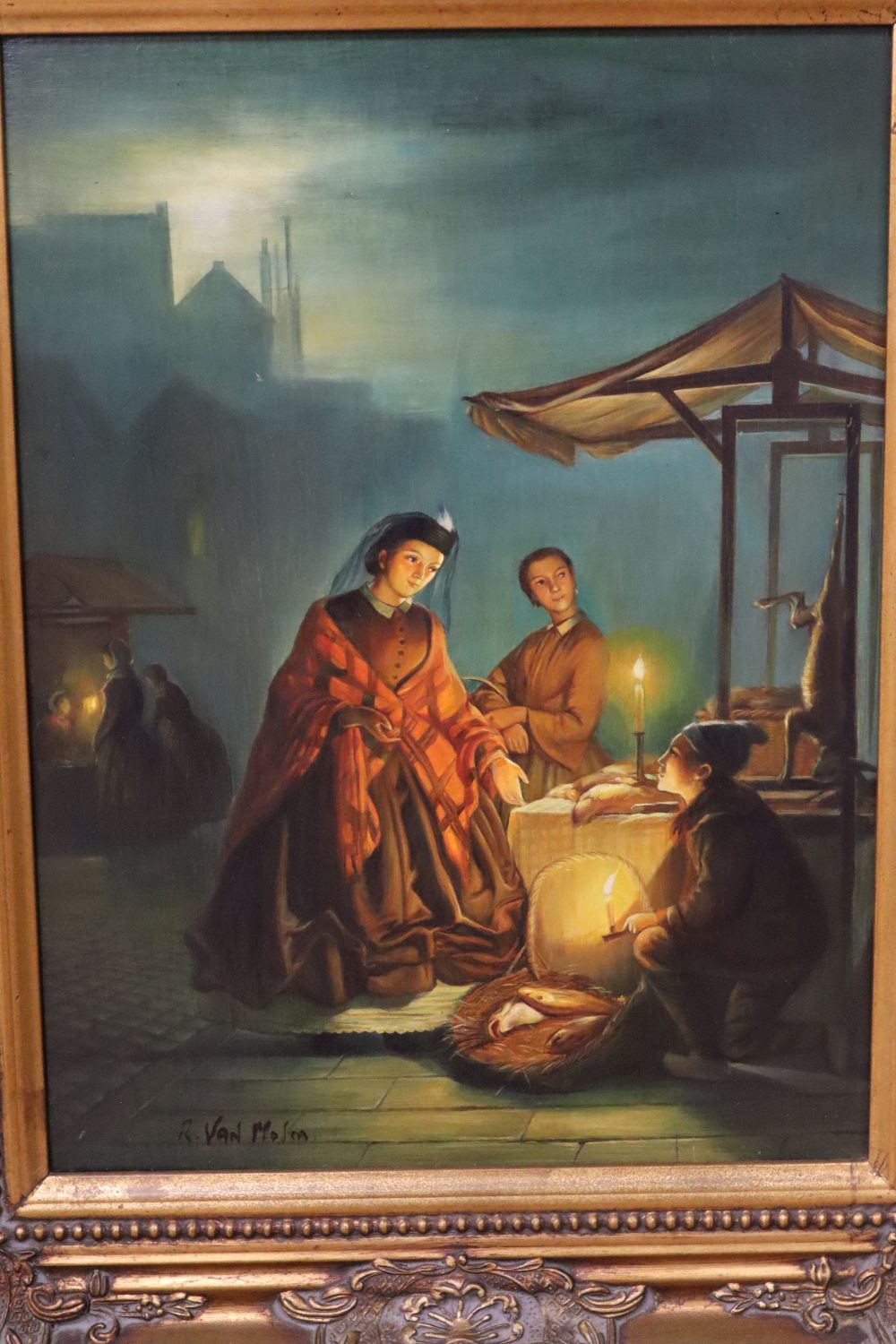 R. Van Molen, oil on board, Night market scene, signed, 40 x 30cm